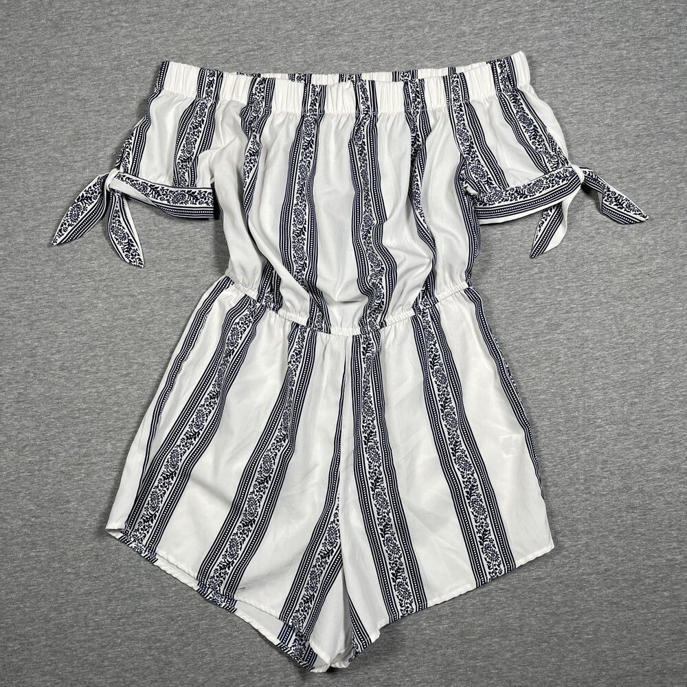Hint Of Blush Romper Womens S White Striped One-Piece Off The Shoulder Bow